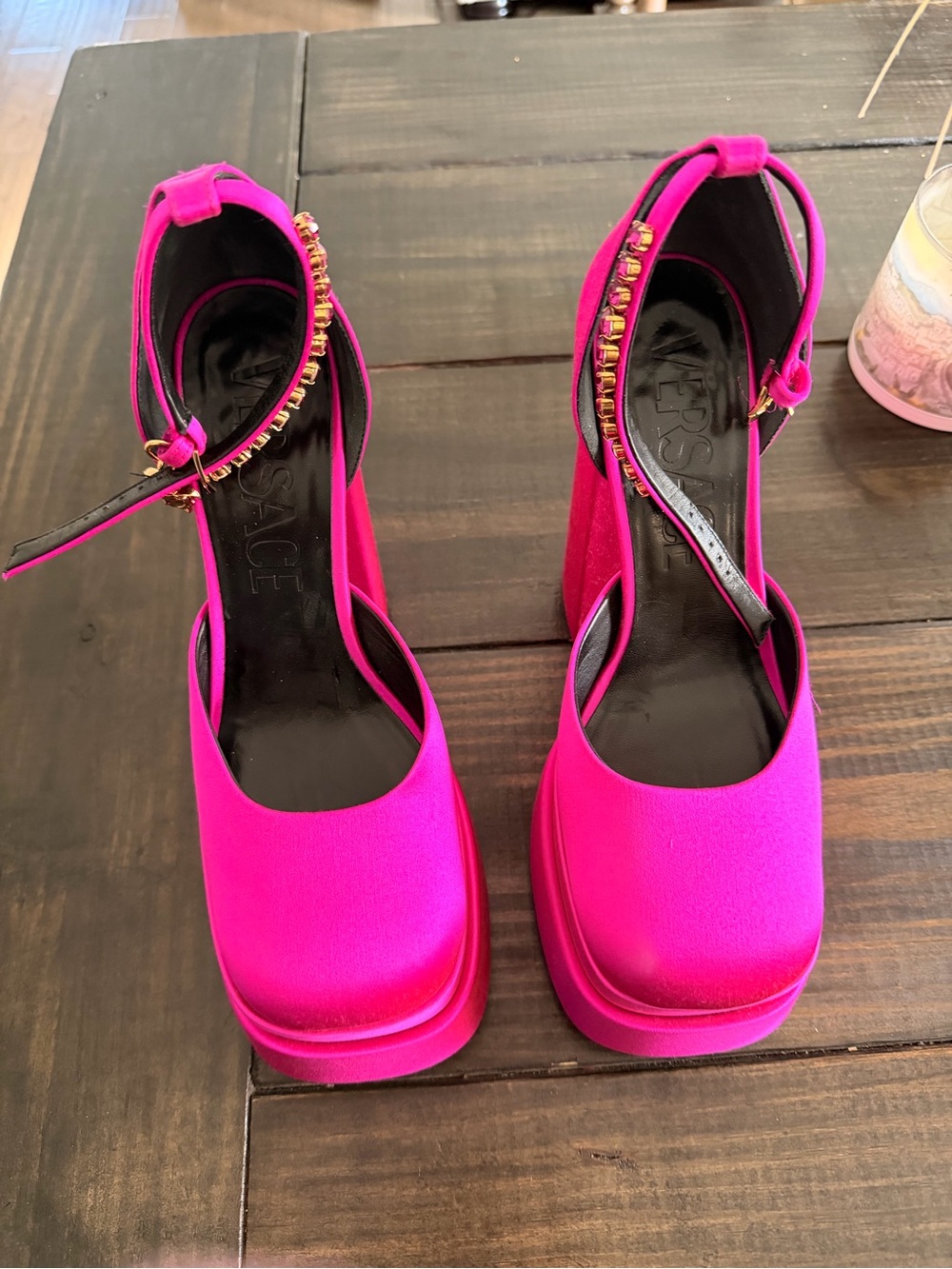 Versace Medusa Aevitas Satin Platform Pumps Pink Crystal Ankle Strap EU 40